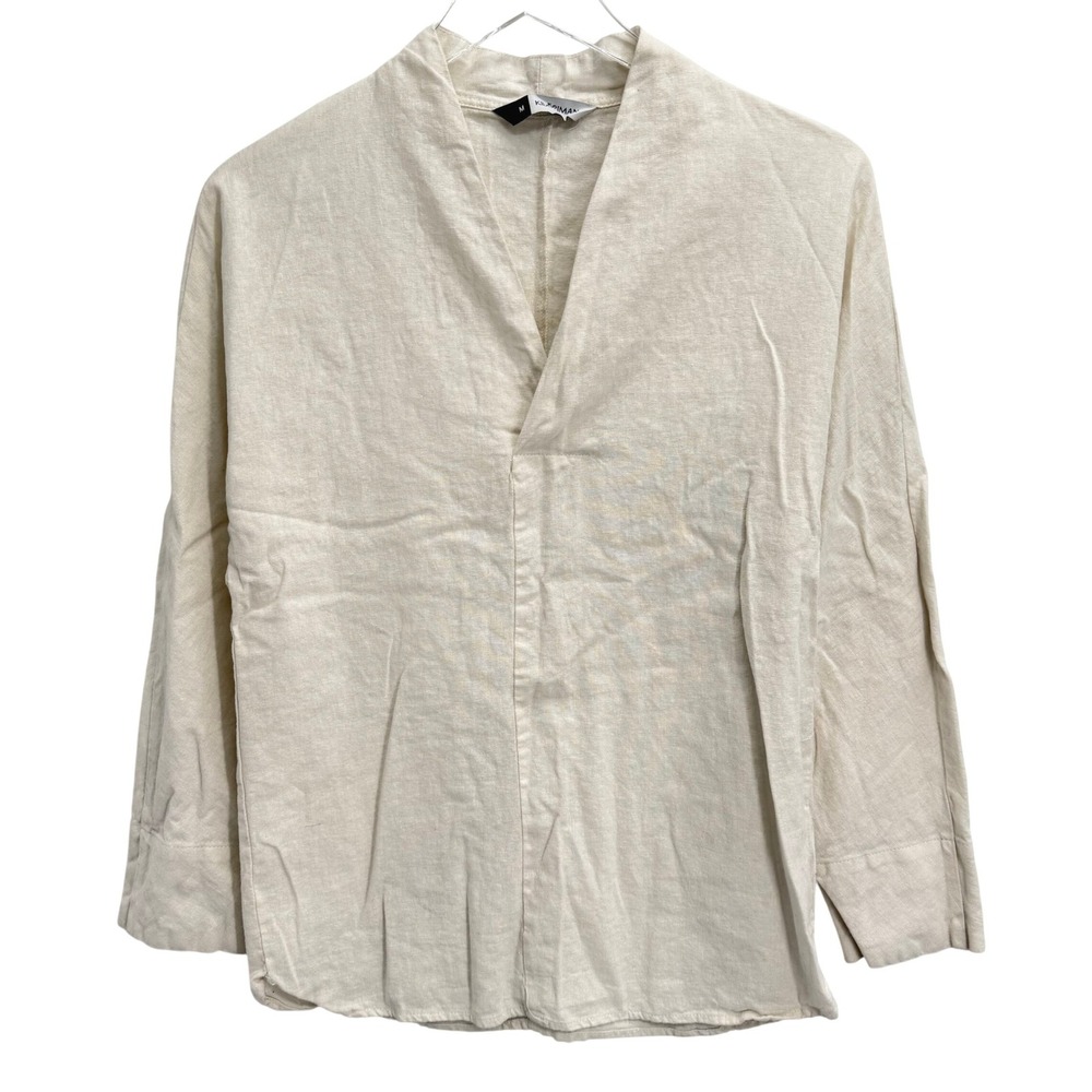 Kidoriman Linen Blend Shinu Drop V Shirt Mens XS Beige Boho Long Sleeve Top